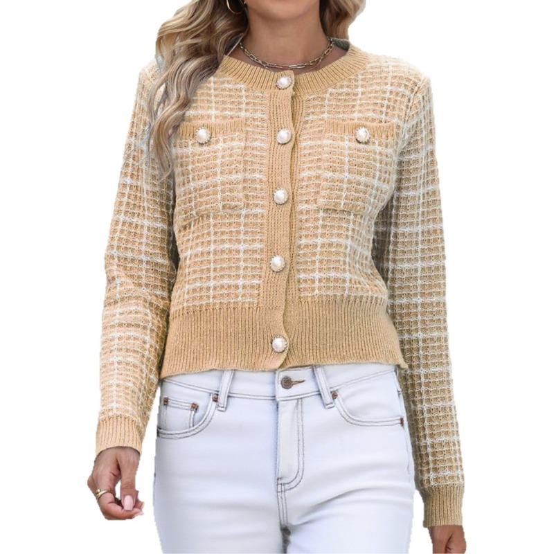 2025 European American Plaid Knitted Cardigan for Women's Temperament Jacket Pearl Button Fashion Sweater