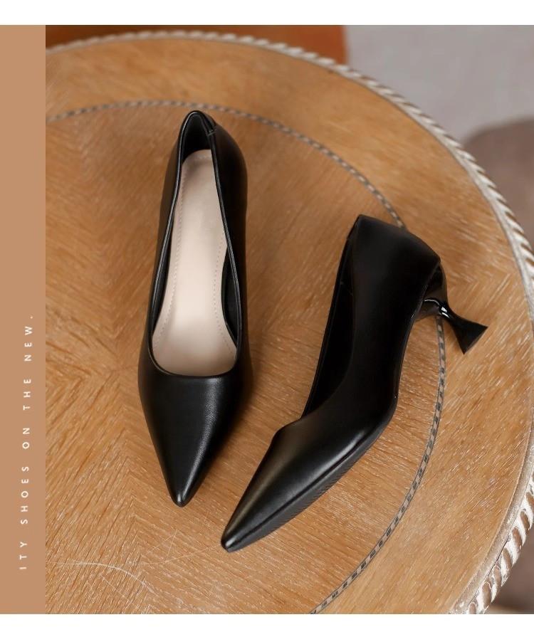 

Туфли женские на высоком каблуке-шпильке из мягкой кожи, новинка 2025 года, французские остроносые, профессиональные, рабочие туфли, каблук 3 см, одинарные 41 чёрный