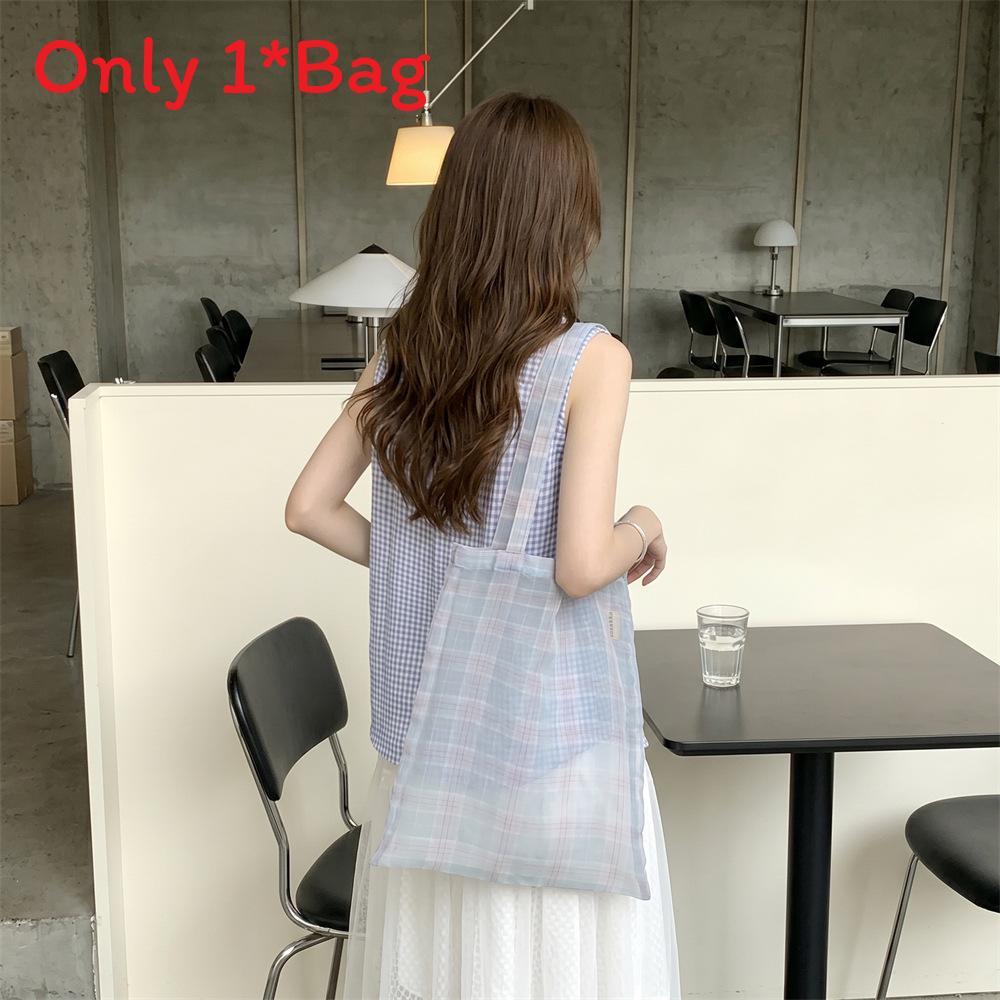 Macaron Plaid Fabric Tote Bag With Open Top For Casual Summer Outings
