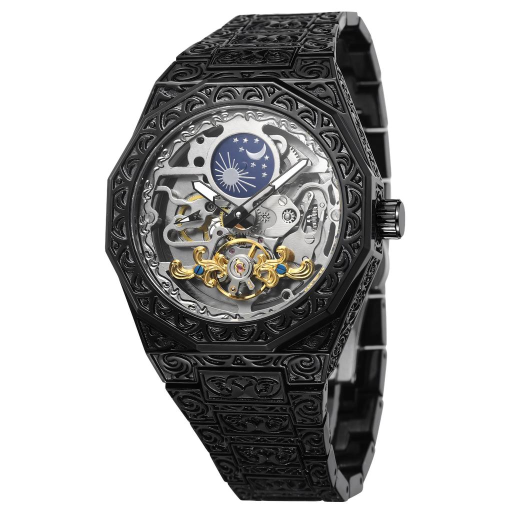 FORSINING Mens Luxury Engraving Wrist Watches Unique Tattoo Pattern Carved Stainless Steel Band Luminous Automatic Skeleton Watch