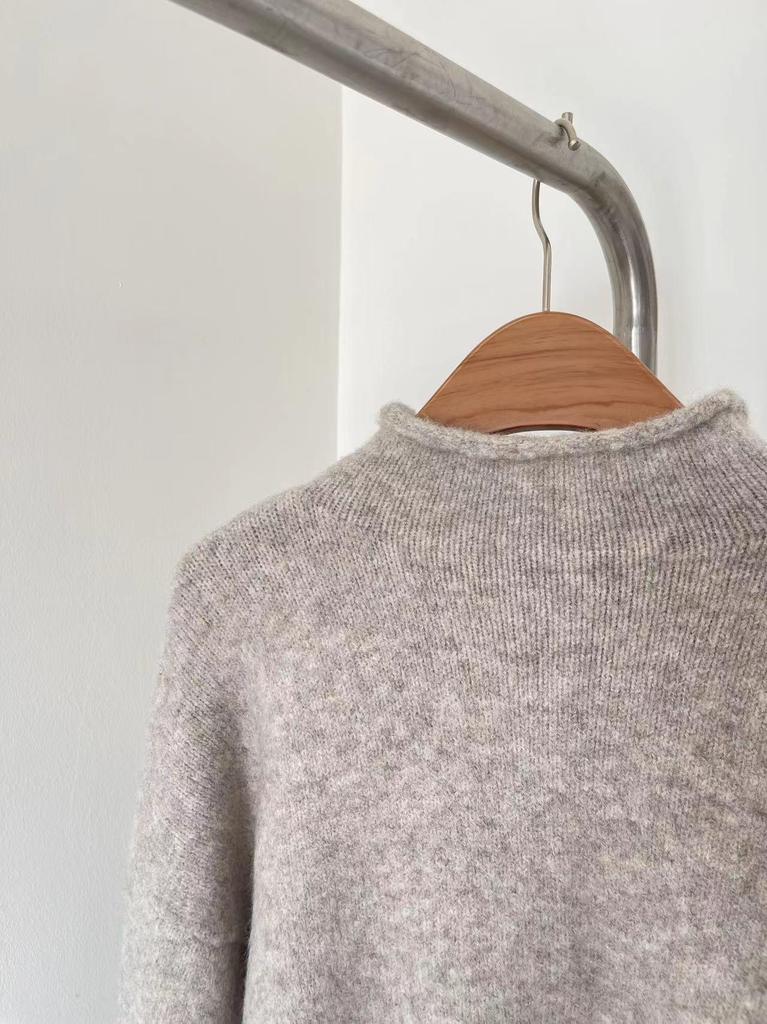 Women's Wool Henley Button-Up Loose Sweater - Autumn/Winter Lazy Style with Rolled Hem, Thick Knit
