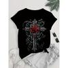 European Size Ladies Digital Print Short Sleeve T-Shirt | Artistic Style "Dark Rose Cross" Theme, Retro Gothic, Casual Crew Neck, Red Rose Cross Image