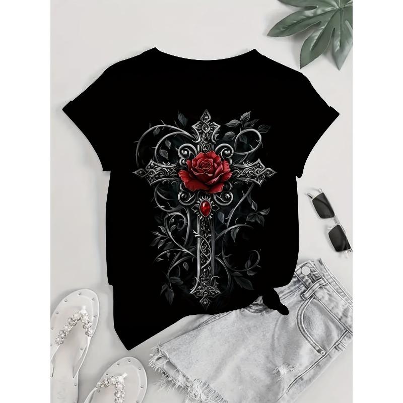 European Size Ladies Digital Print Short Sleeve T-Shirt | Artistic Style "Dark Rose Cross" Theme, Retro Gothic, Casual Crew Neck, Red Rose Cross Image