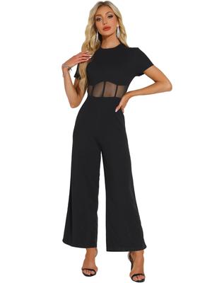 Allegra K Women's Casual Crew Neck Mesh Sheer Wide Leg Jumpsuit Dress, Black, Size L