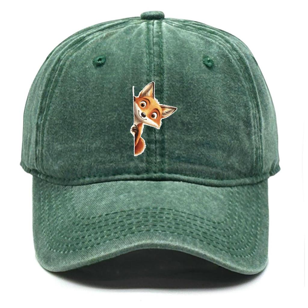 Fox Peeping Print Snapback Sun Hat, Animal Flat Cap Vintage-Inspired Sun Protective Leisure Washed Adjustable Baseball Cap