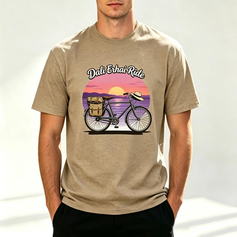 Dali Erhai Ride Sunset Bicycle Graphic Print T Shirt Unisex Unisex 100 Cotton Short Sleeve Casual Outdoor Cycling Travel Tee