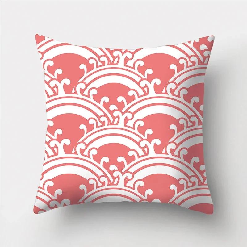 Coral Red Geometric Stripe Printed Pattern Polyester Cushion Cover for Home Living Room Sofa Decoration Throw Pillow Pillowcase