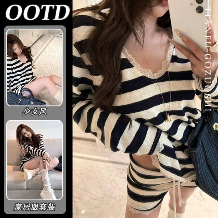 

[High-quality imitation cotton] ins simple striped pajamas for women s summer new cute student loungewear suit for women M