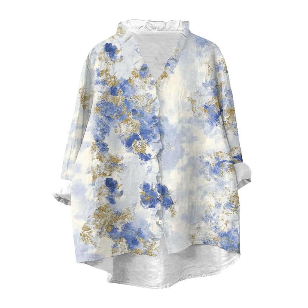 Women's Loose Ruffled Retro Floral Print Stand Collar Long Sleeve Cotton And Linen Top