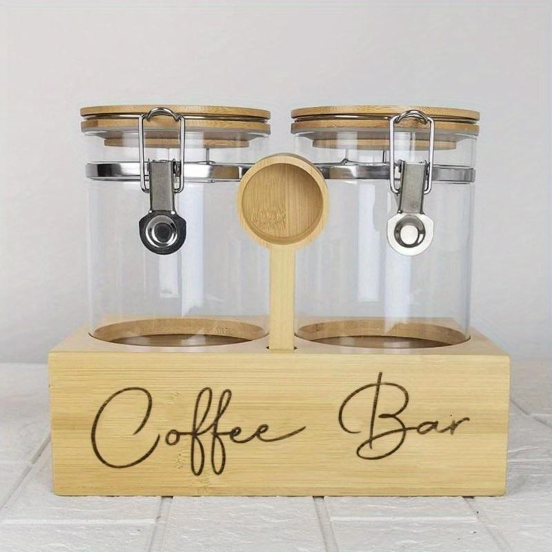 1 Set Buckle Glass Wooden Sealed Coffee Can Storage Rack Set of Two with Wooden Spoon. Black