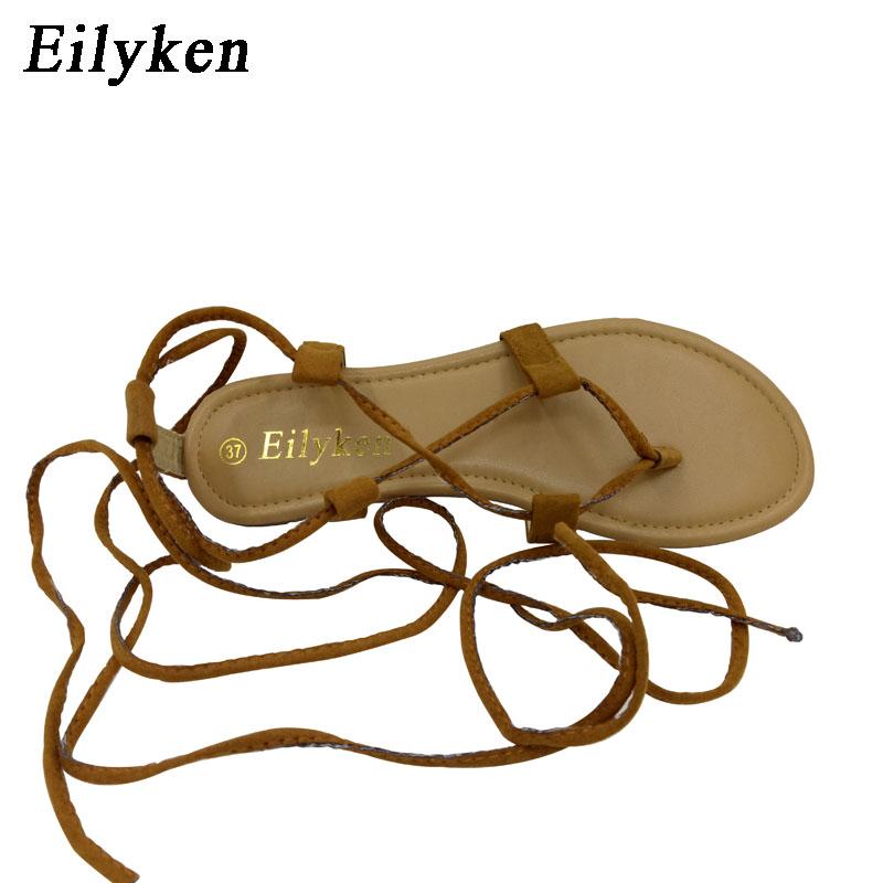 Fashion Eilyken Summer Roman Sandals Cross-Strap Tall Knee High Bondage Thong Flat Women Sandals Flip Flops Black Apricot