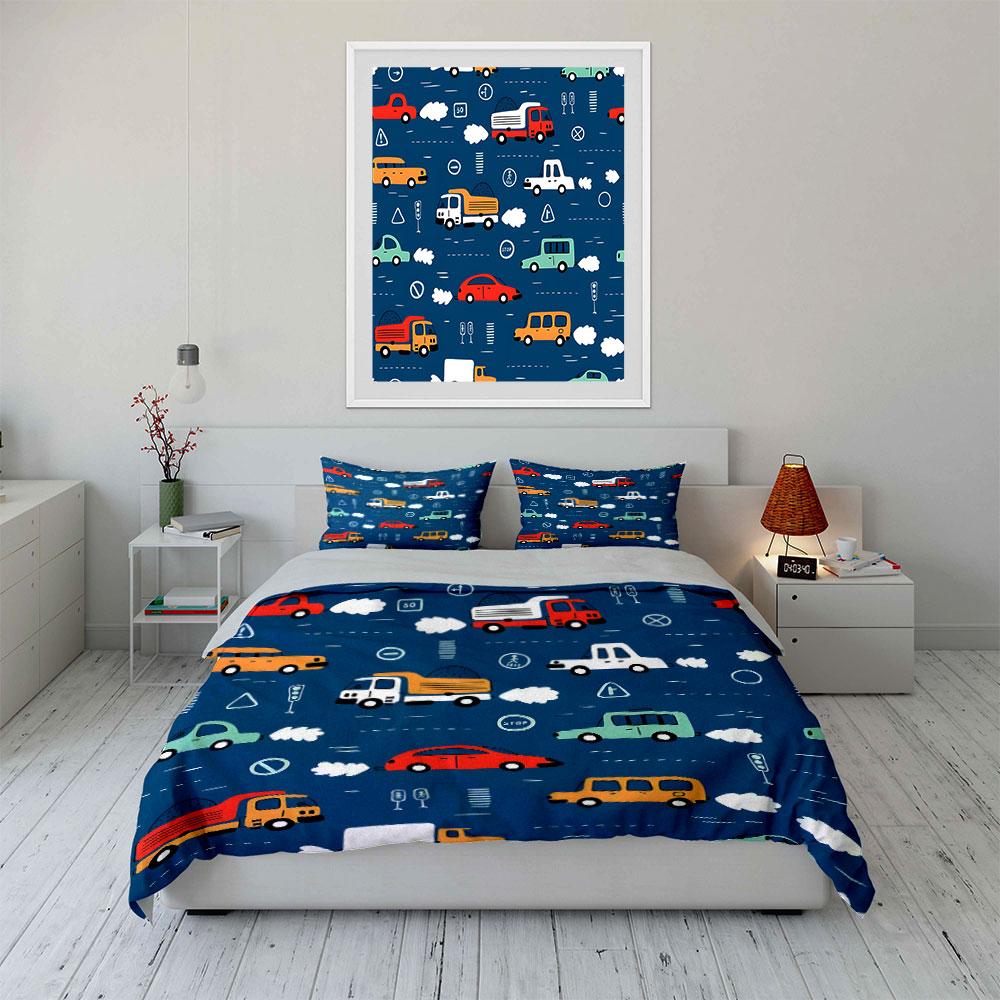 Colorful Traffic Theme Three-Piece Set  Kid'S And Adults' Bedroom Decor, Exquisite Three-Piece Bedding Set Gift