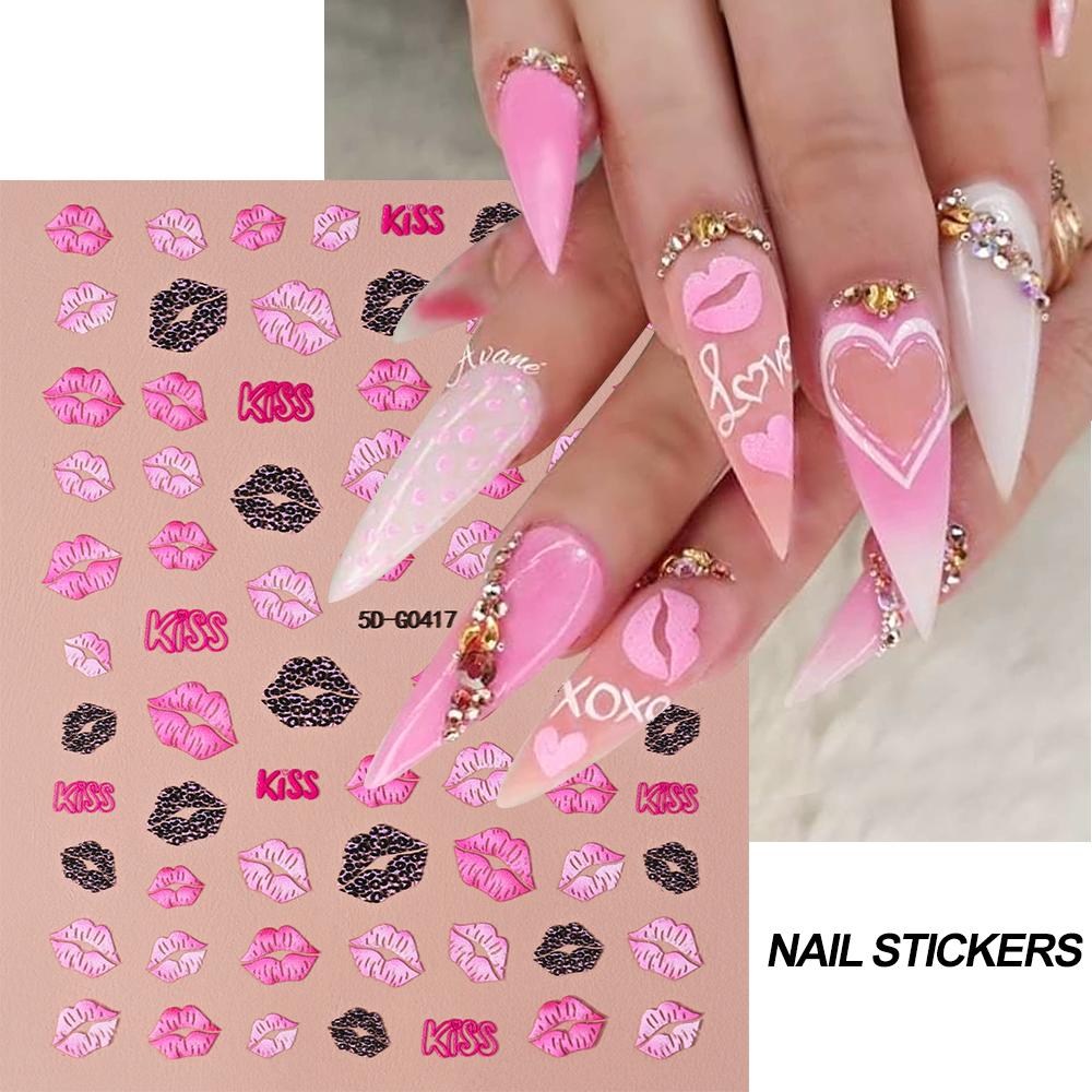 5D Embossed Sexy Red/Pink Lips Nail Stickers Self-Adhesive Blooming Red Lips Nail Decal Romantic Luxy Lady Lips Manicure Slider