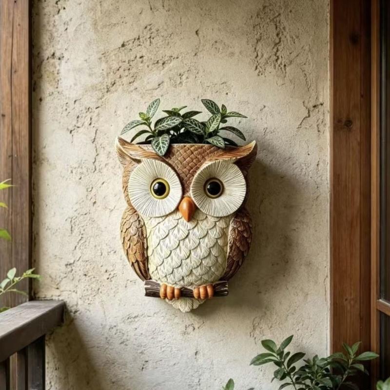Resin Owl Hanging Wall Pot With Textured Finish and Back Hook Slot, Flower Holder for Small Plant, Balcony Wall, Entryway, and Indoor Display