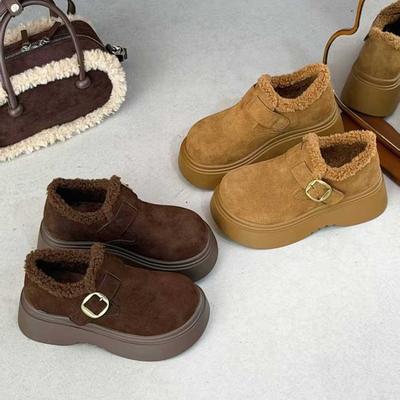 Leather Thick-soled Heightened Velvet Women's New Winter Plush Warm One-pedal Versatile Cotton Shoes