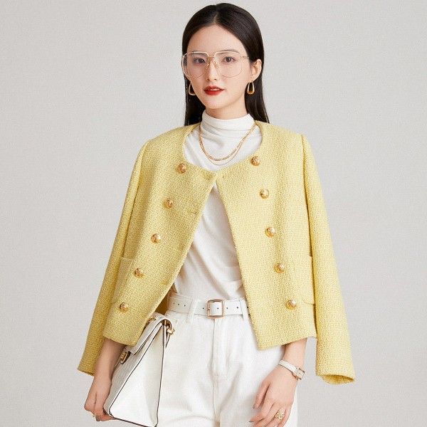 Sophisticated and Cute Round-necked Short Jacket with Double-breasted Buttons