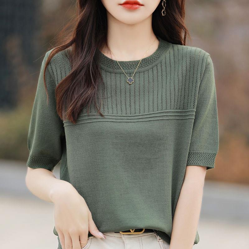 Ice Silk Short Sleeve T Shirt With Knitted Hollow Design For Summer Casual Women