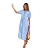 Europe, America 2026 summer new plaid lace-up pleated casual lace-up bubble sleeve dress women
