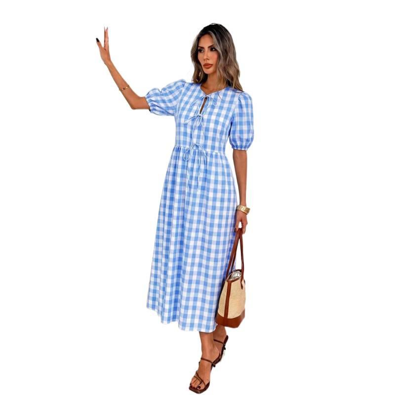 Europe, America 2026 summer new plaid lace-up pleated casual lace-up bubble sleeve dress women
