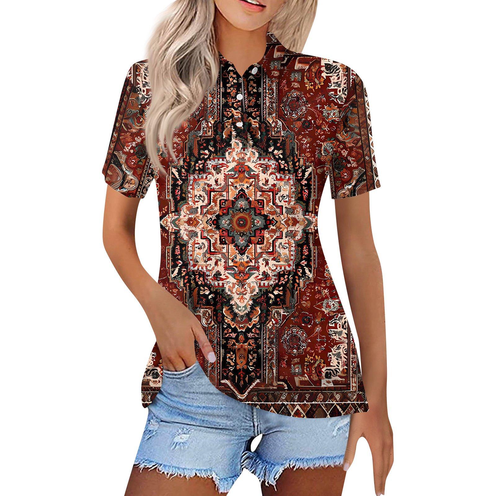 

Women s Fashion Casual Lapel Short Sleeve Print Shirt Women s Button Up Tops XXL коричневий