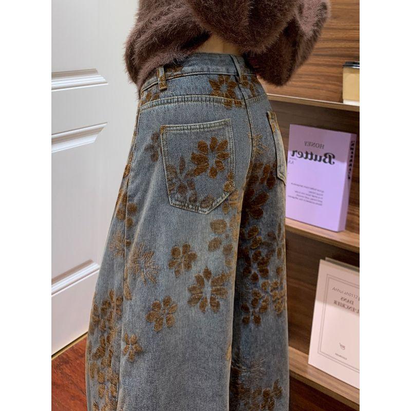 Jeans Larghi Jacquard Retro Americano da Donna, Stagione Primaverile, Design Taglie Forti, Vita Alta, Vestibilità Larga, Snellente, Pantaloni Curvi