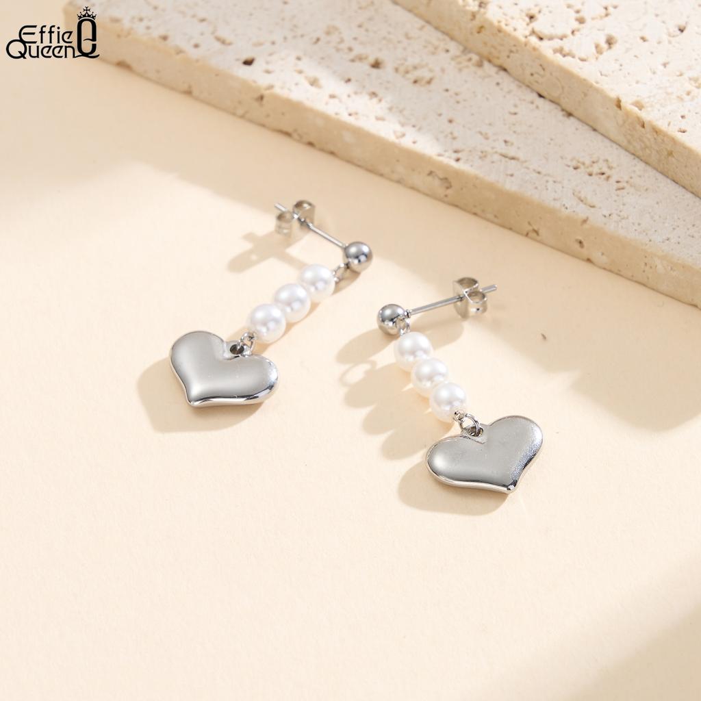 Effie Queen Stainless Steel 18k Gold Heart Style Pearl Drop Earrings Romantic Jewelry for Women Wedding Party Casual Gift STPE01