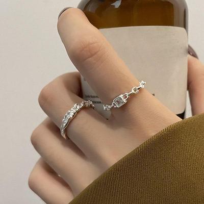 2pcs Simple Thin Square Crystal Zircon Ring For Women Wedding Jewlery Gifts Shiny Cubic Zirconia Geometric Chain Adjustable Ring