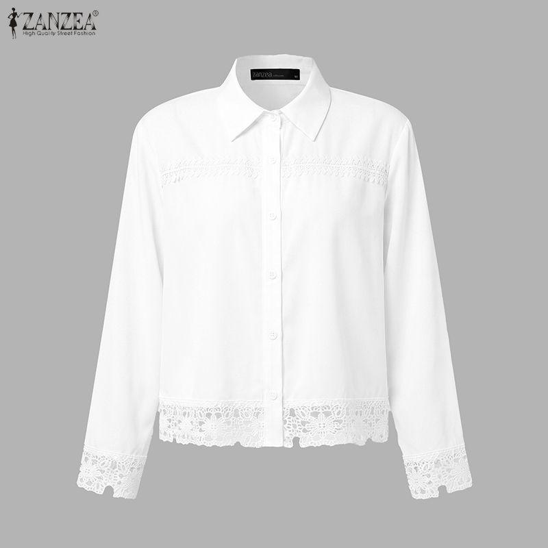 ZANZEA Women Casual Turn Down Collar Loose Lace Crochet Splice Long Sleeve Blouse
