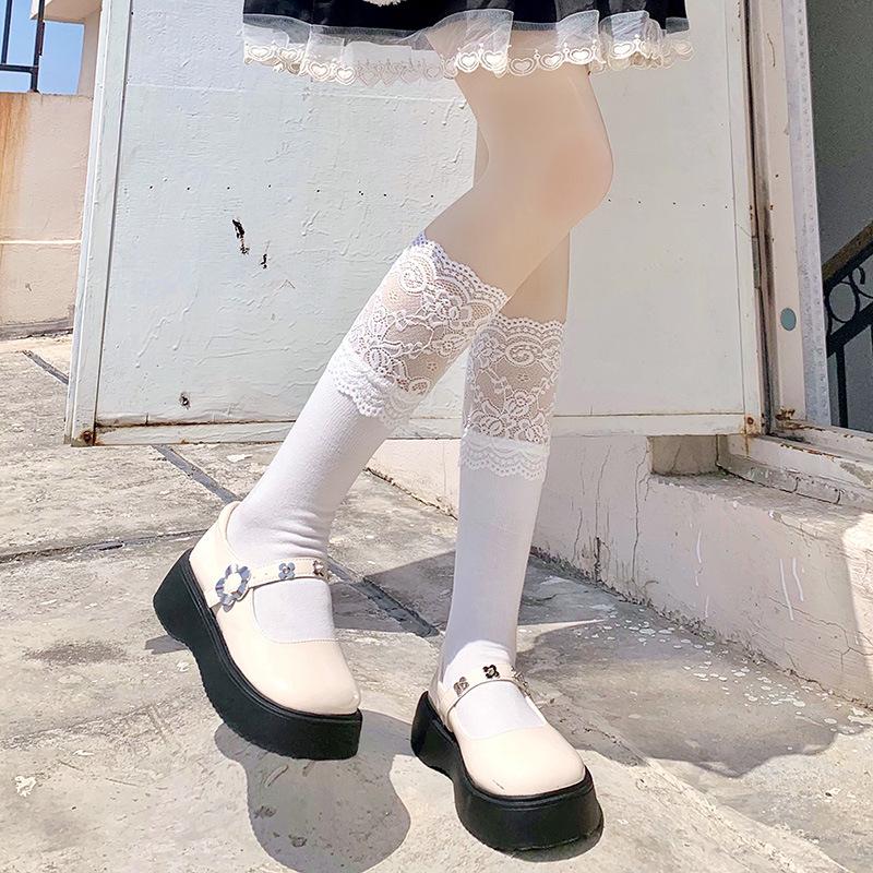 White Lace Calf Socks Women'S Lolita Medium Long Over Knee Socks With High Boots Sweet Thigh Pile Socks