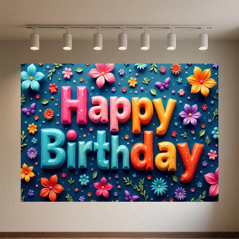Colourful Happy Birthday Theme Backdrop Supplies 3D Ballon Background Banner Kids Birthday Party Decorations Photo Shoot Props