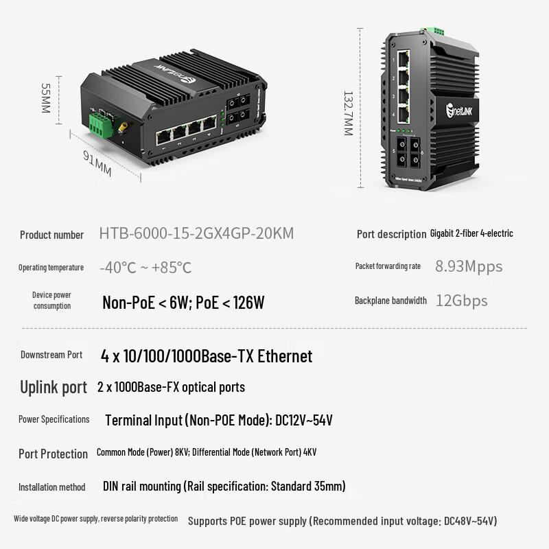 netLINK HTB-6000 Industrial Gigabit PoE Switch with 2 Fiber 4 Electric Ports