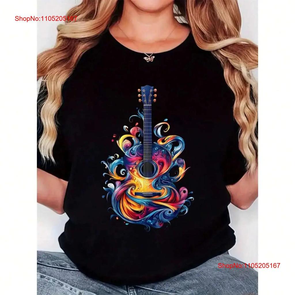 Unisexs T Shirt With Colorful Guitar Print Stylish Round Neck Music Lovers Vintage Comfortable Stretched Fashion Soft