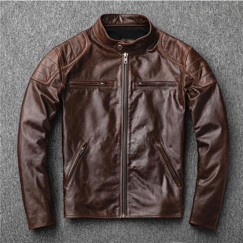

New Autumn and Winter Genuine Leather Jacket for Men Goatskin Slim Stand Collar Short Casual Simple Men s Single Jacket S коричневый