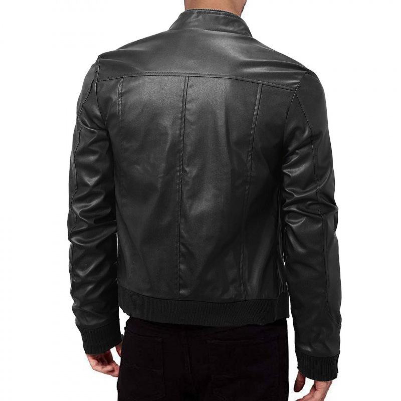 Winter business gentleman thermal zipper cardigan PU leather jacket stand-up collar slim leather jacket men