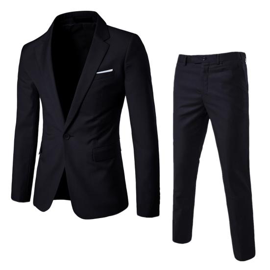 

2Pcs/Set Men Business Blazer Suit Pants Set Lapel Long Sleeve Single Button Pockets Suit Coat Slim Fit Long Pants Workwear 3XL чорний