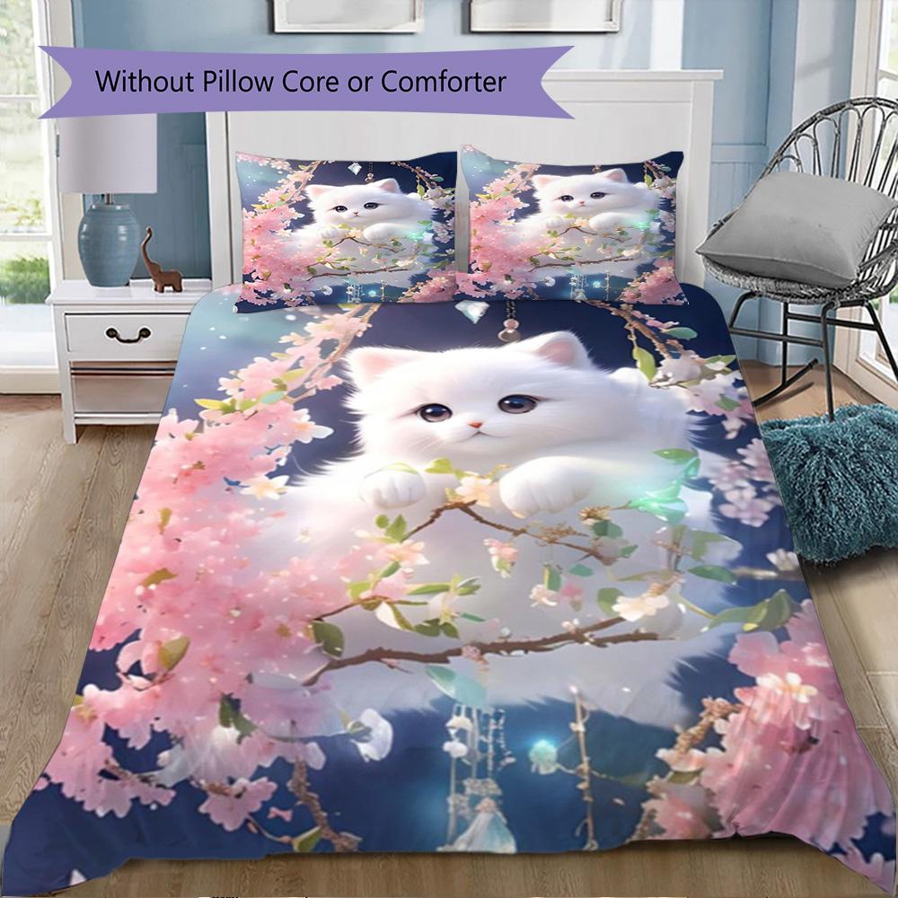 Whimsical cat & florals Pattern Bedding,Quilt Set Quilt Cover Pillowcase Home Birthday Gift (1*duvet cover+2*pillowcase,without core)ZSJT0917425