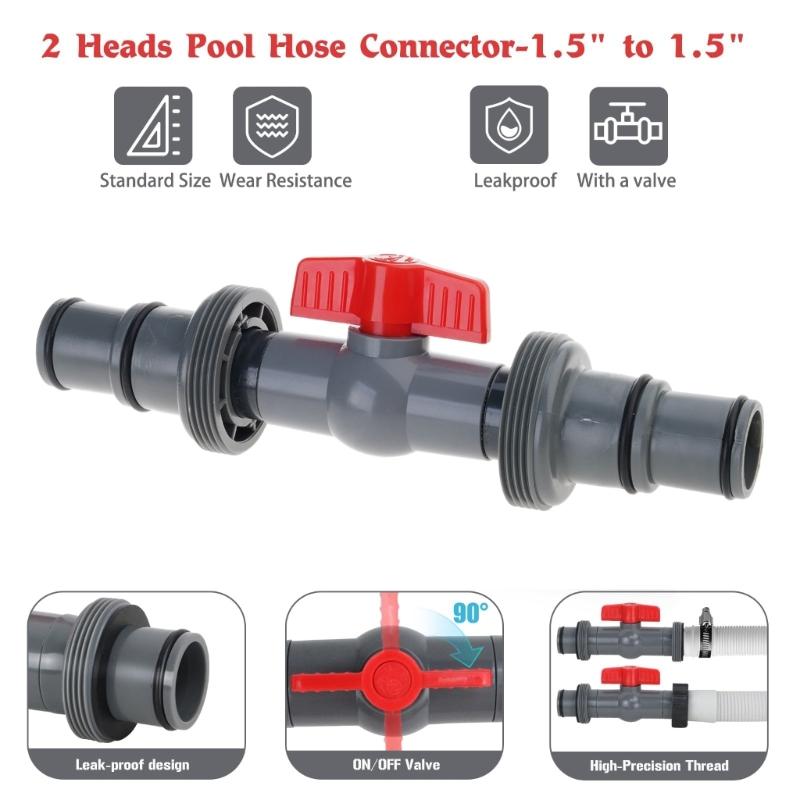 Pool Hose Coupler With Manual Shutoff, 1.5 Inch Straight Hose Joiner With Rubber Gaskets for Pool Filter Hose Service and Backyard Maintenance