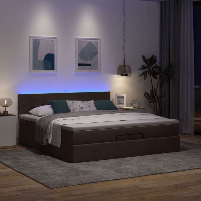 VidaXL Ottoman Bed with Mattress and LED Dark Brown 180x200 Cm Fabric 3312329