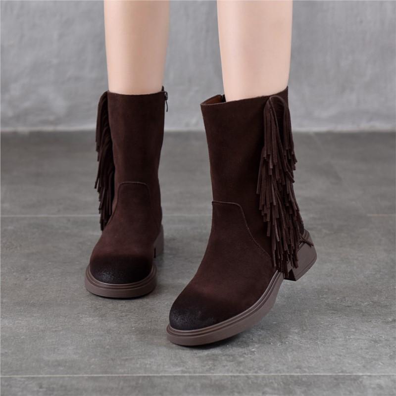 Johnature Retro Tassel Mid Heeled Women's Boots Genuine Leather Round Toe Versatile Mid-calf Boots