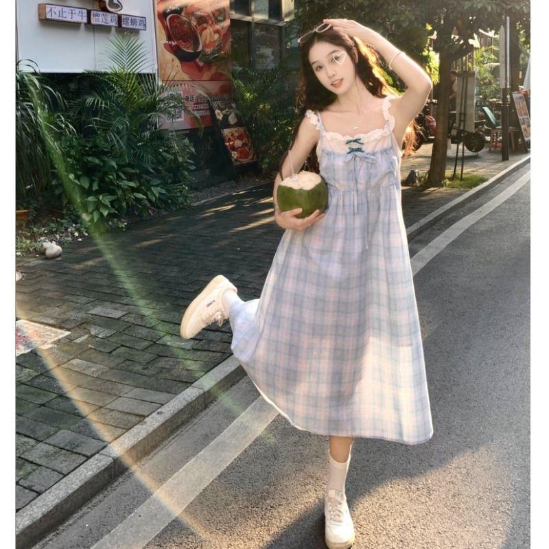 Salt Girl Plaid Dress Fake Two Pieces Summer Temperament Suspender Skirt Schoolgirl Sweet a Word Skirt