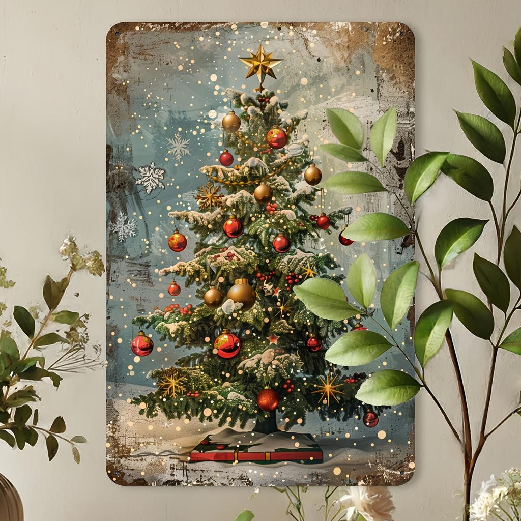 1pc Vintage Christmas Tree Metal Tin Sign - Rustic Wall-Mounted Decoration with Pre-Drilled Holes, Durable Iron Tree Shape Sign