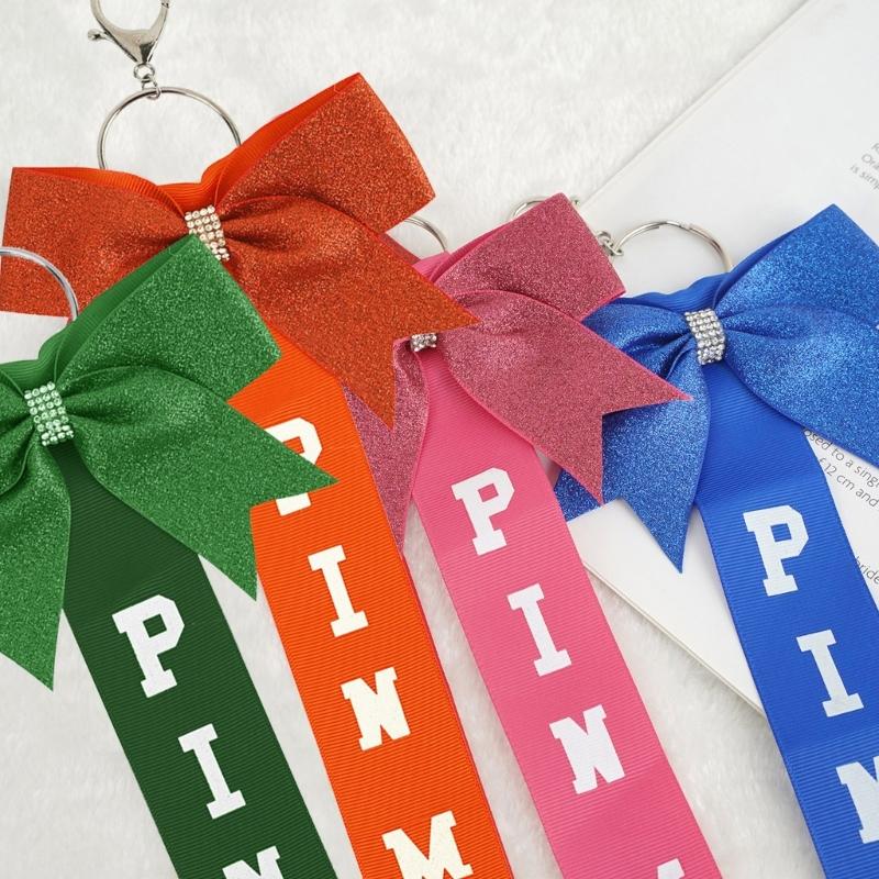 Pack of 8 Elegant Glitter Cheerleader Keychain Accessories Rhinestones Cheer Bowknot Ribbon Sports Team Spirit Gifts