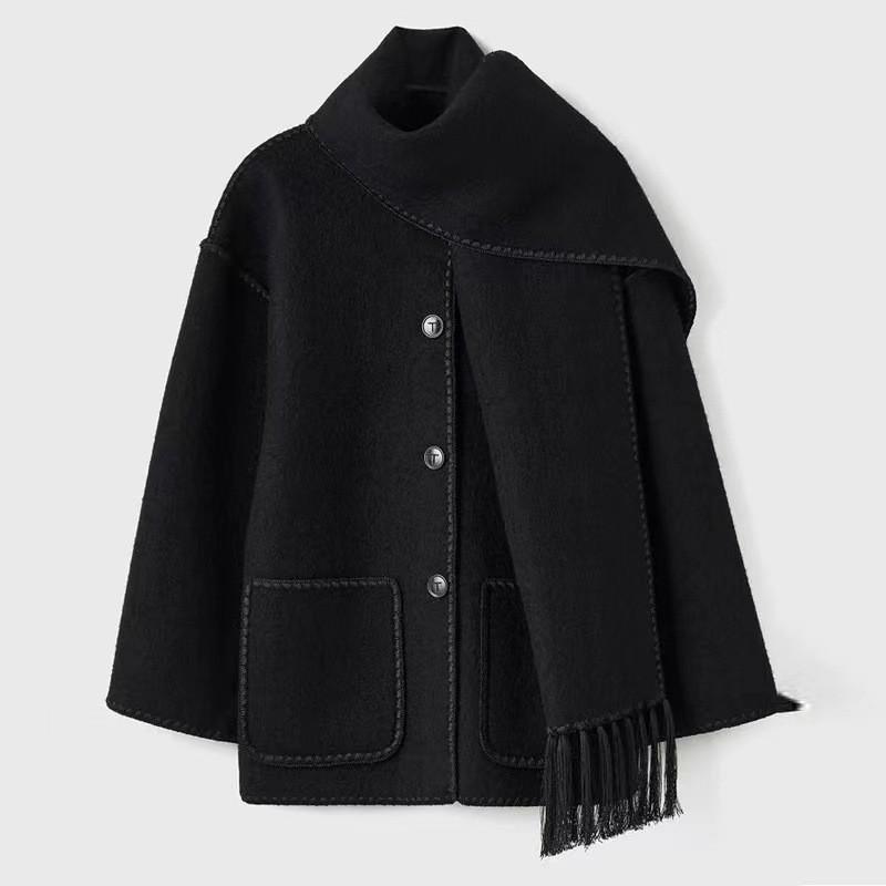 

Qingtong 2025 Autumn Women s Loose Woolen Coat with Tassels Medium чорний