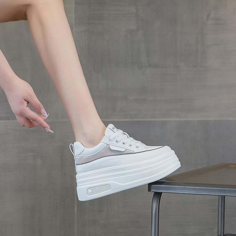 8CM inner height-increasing board shoes women's 2025 summer new leather thick-soled mesh breathable white shoes small size casual shoes