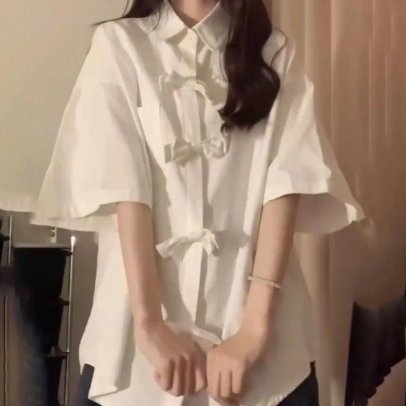 Summer New Chinese Style Shirt for Women Loose Slim Fashion Versatile Solid Color Bow Short Sleeved Tops Women's Turn-down Collar Blouses