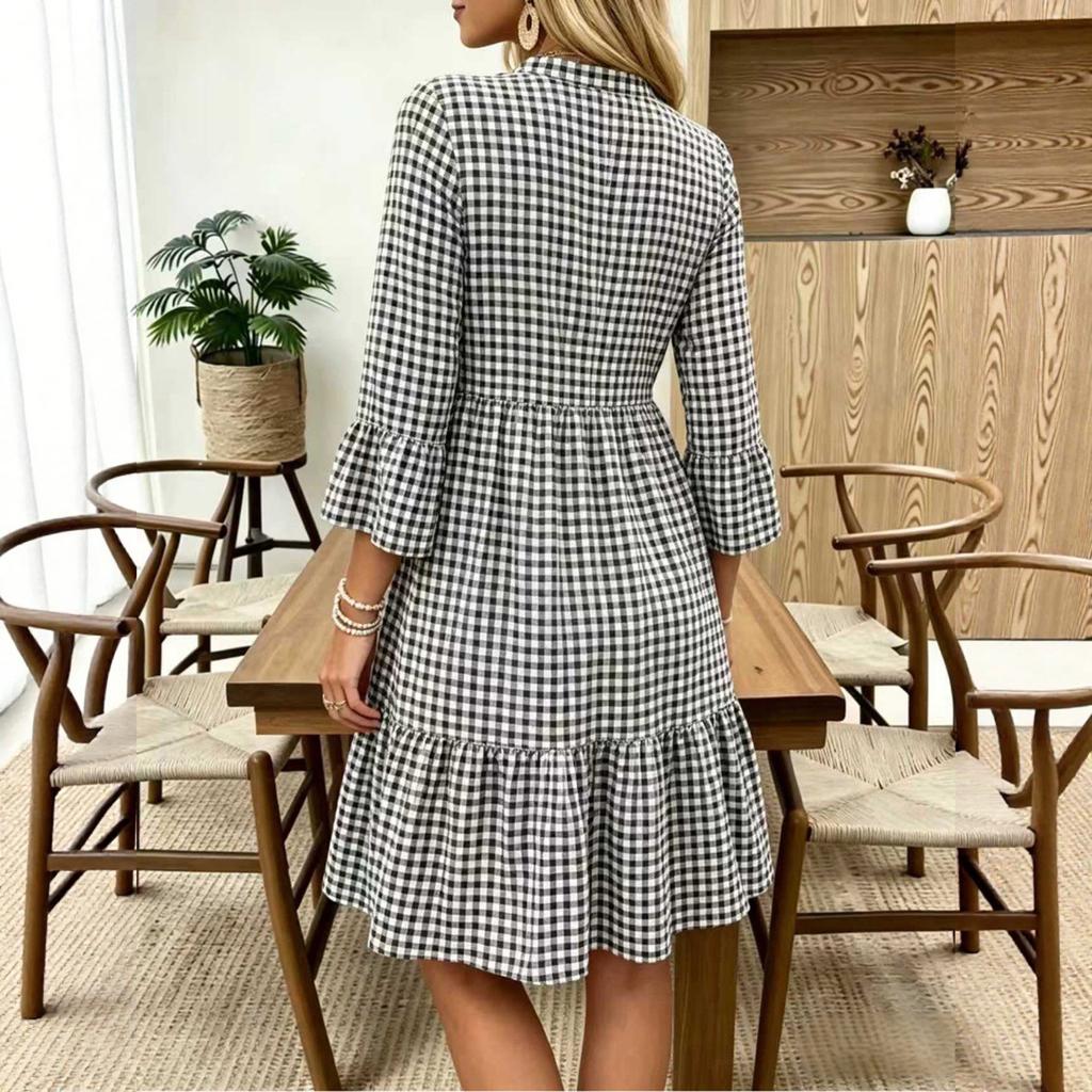 Women's V Neck Plaid Flared Sleeve Loose Fit Pullover Bohemian Vacation Dress Mid Length Casual Summer Dress