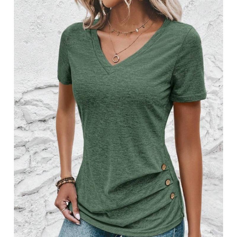 Spring and Summer High-end Slim Fit Solid Color Casual V-neck Short Sleeved Button Top Women's T-shirts
