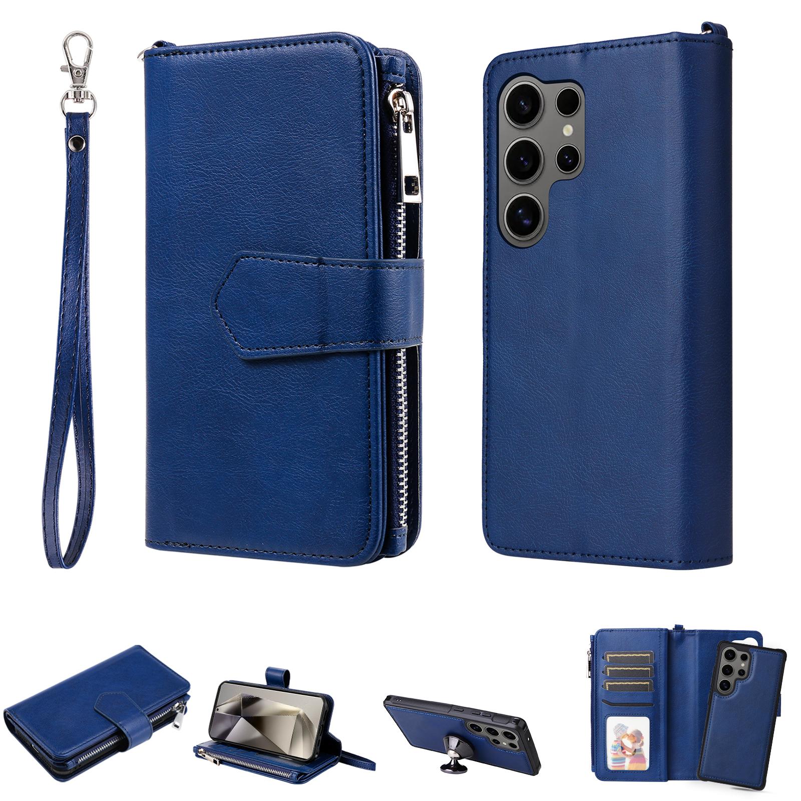 

For Samsung Galaxy S25 Ultra Magnetic Leather Case Mobile Cover with Detachable Zipper Wallet Strap Blue