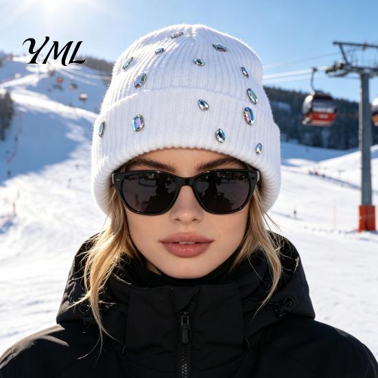 Täglicher Ausflug Warme Accessoires Bling Strass Strickmütze, Street Punk Strick Winter Stilvoll Kälteschutz Kopfbedeckung Beanie für Damen Herbst