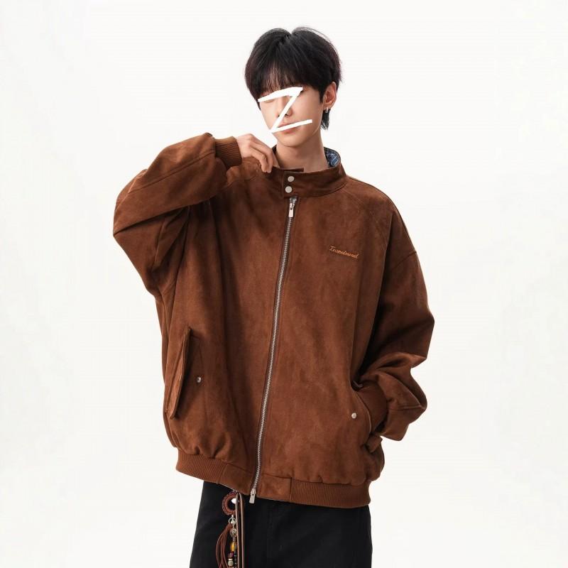 Unisex Vintage Plaid Suede Fleece Jacket With Collar Loose Fit Baseball Style Outerwear Fall Winter